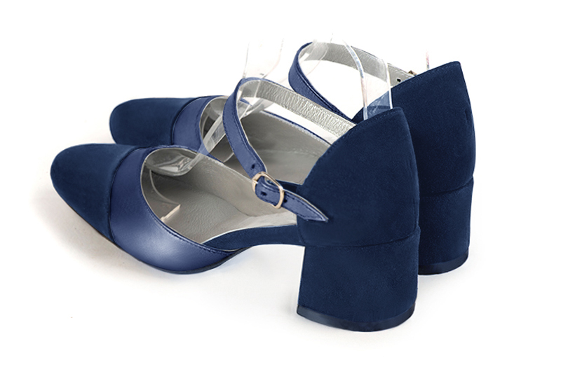 Navy blue women's open side shoes, with an instep strap. Round toe. Low flare heels. Rear view - Florence KOOIJMAN